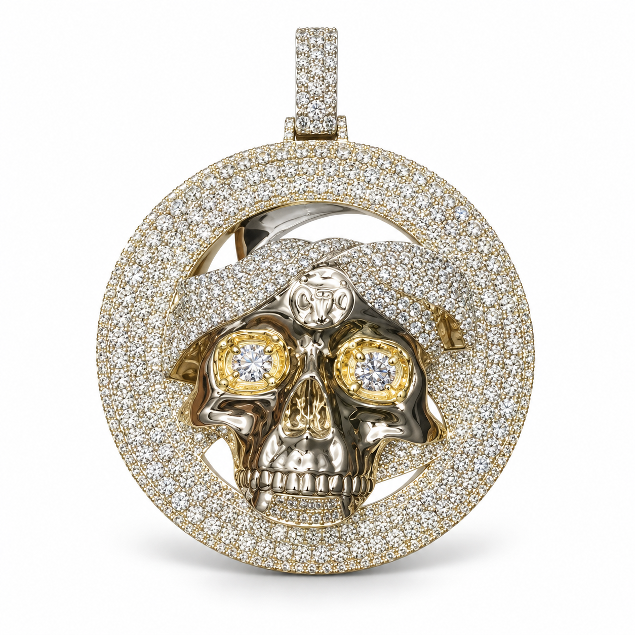 Pirate Skull Round Pavé Pendant with Two-Tone Detailing and Clear Stone Eyes