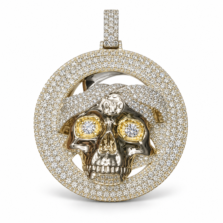 Pirate Skull Round Pavé Pendant with Two-Tone Detailing and Clear Stone Eyes