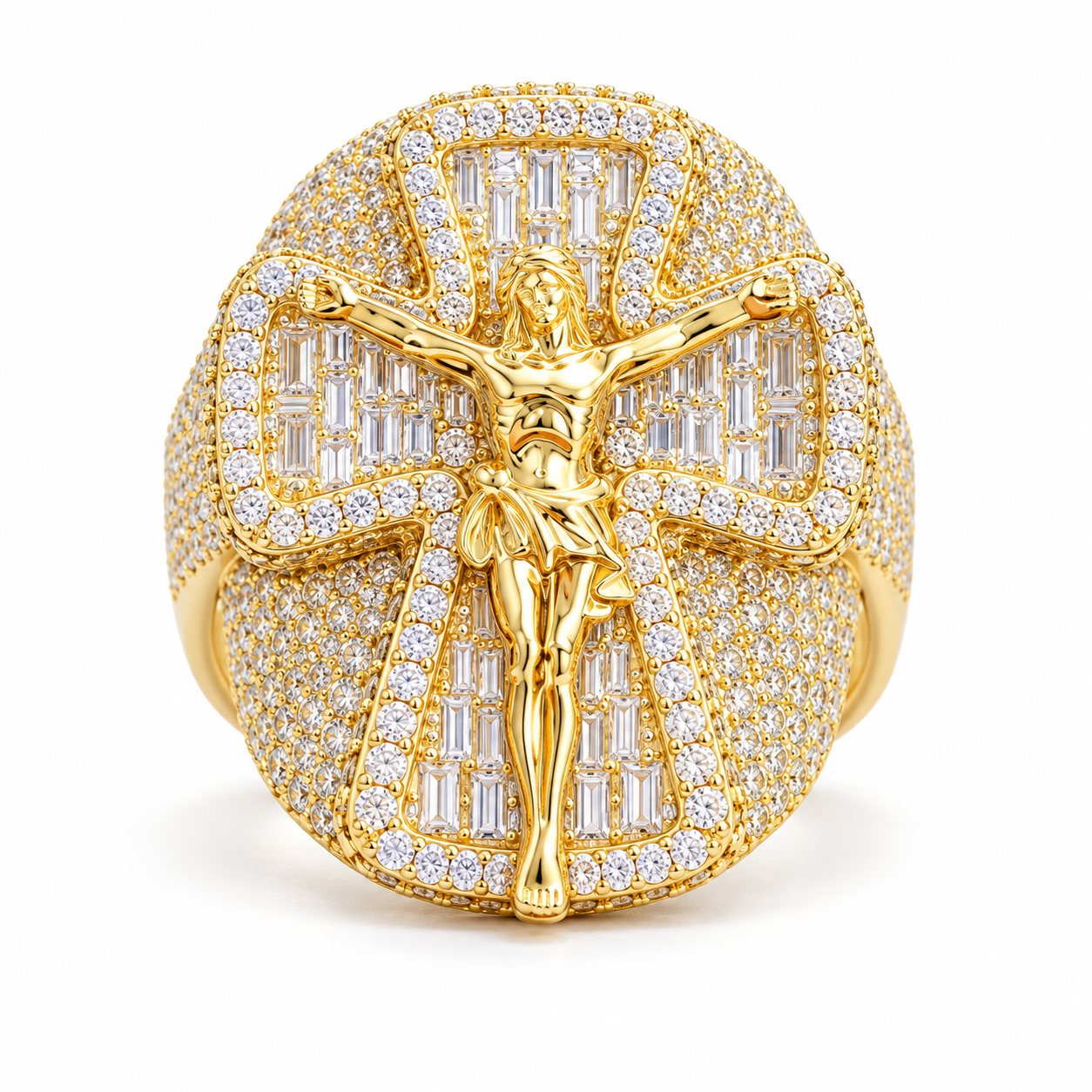 Jesus Crucifix Baguette Cross Iced Out Hip Hop Statement Ring