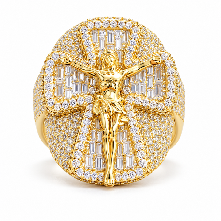 Jesus Crucifix Baguette Cross Iced Out Hip Hop Statement Ring