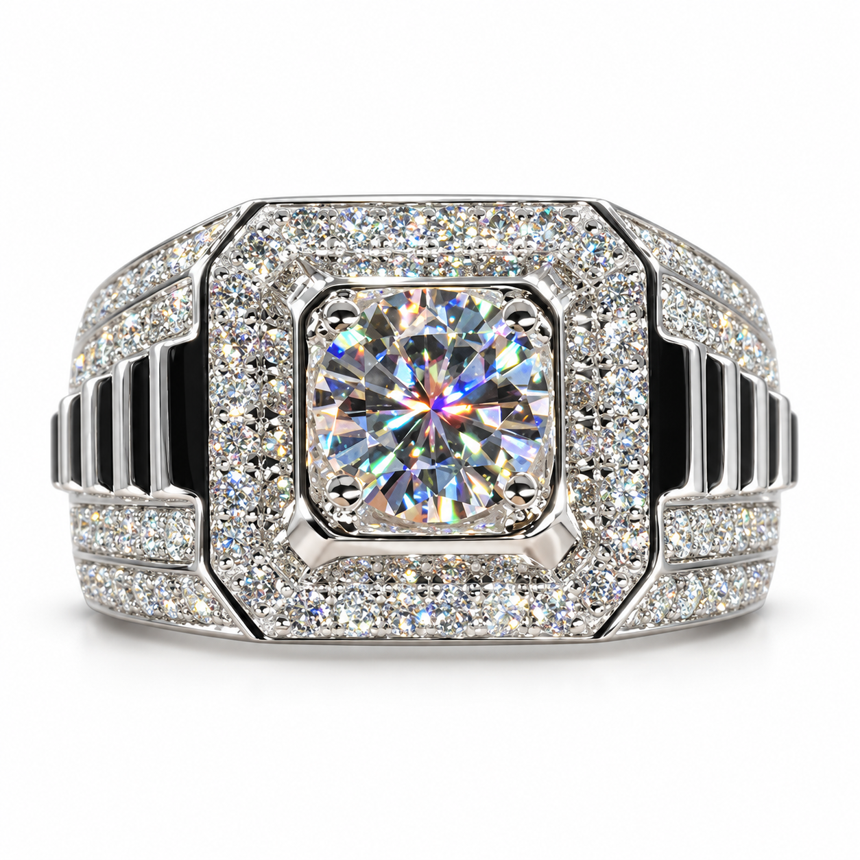 Round Center Octagonal Halo White Metal Ring with Ribbed Shoulders