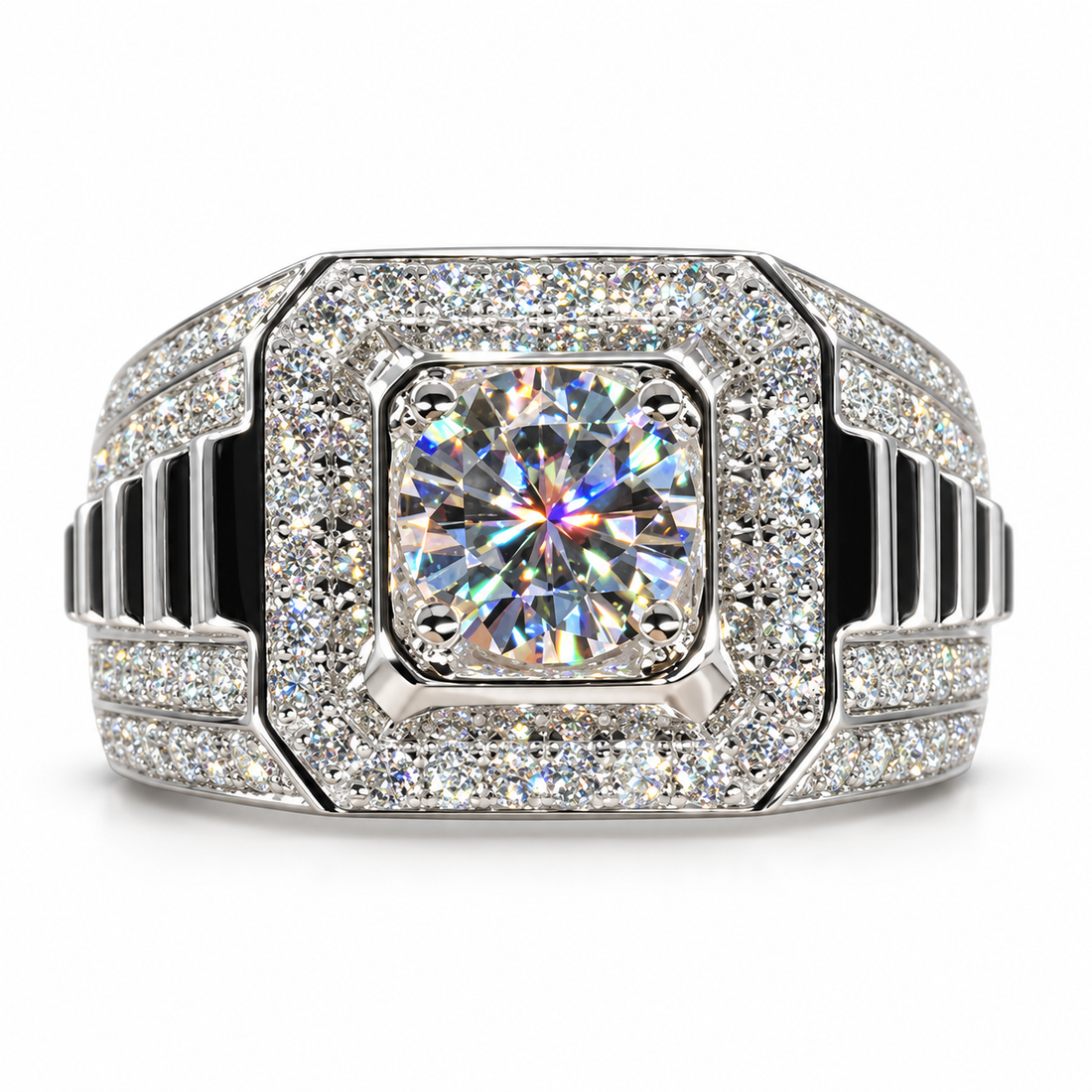 Round Center Octagonal Halo White Metal Ring with Ribbed Shoulders