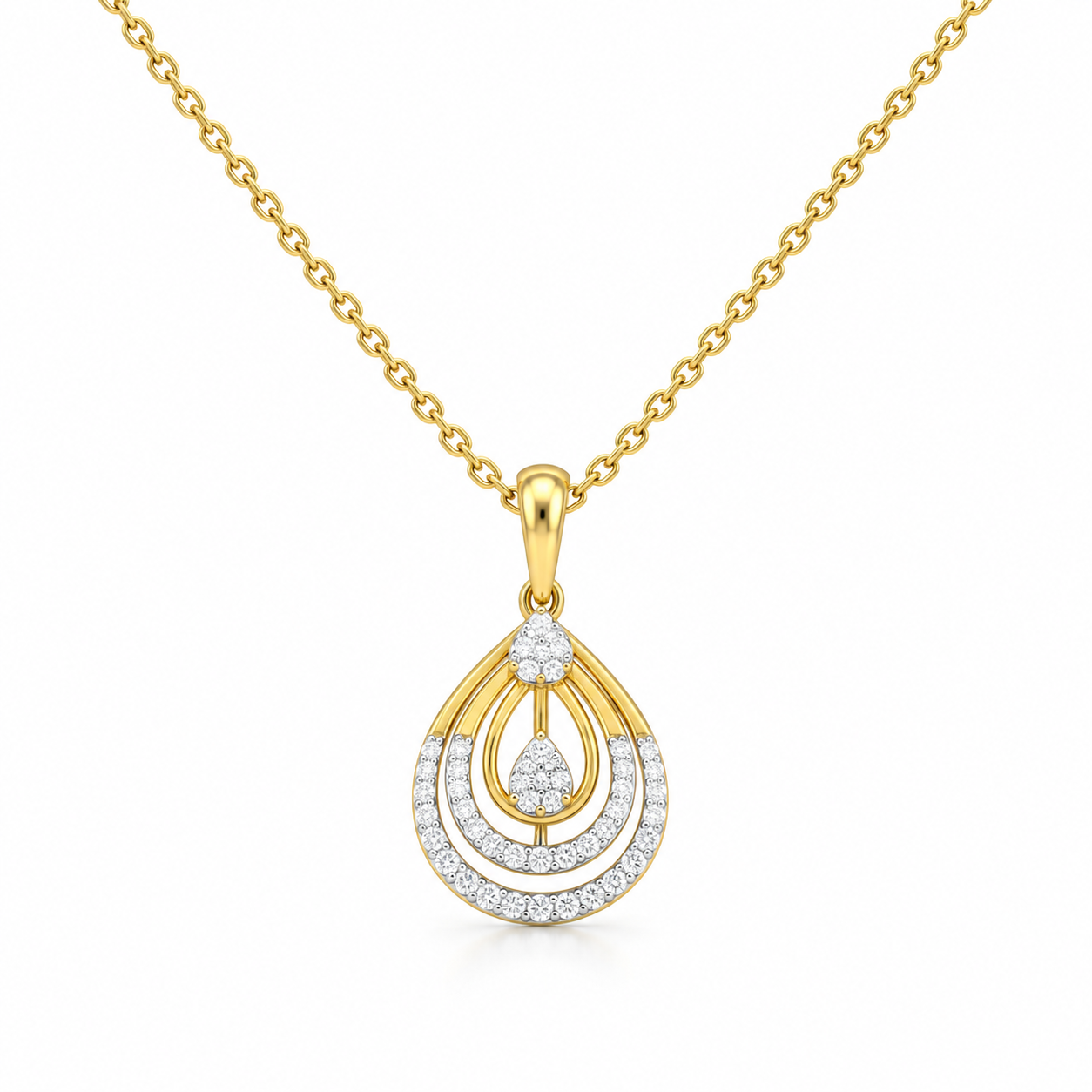 Layered Teardrop Pavé Cluster Yellow Gold Pendant Necklace