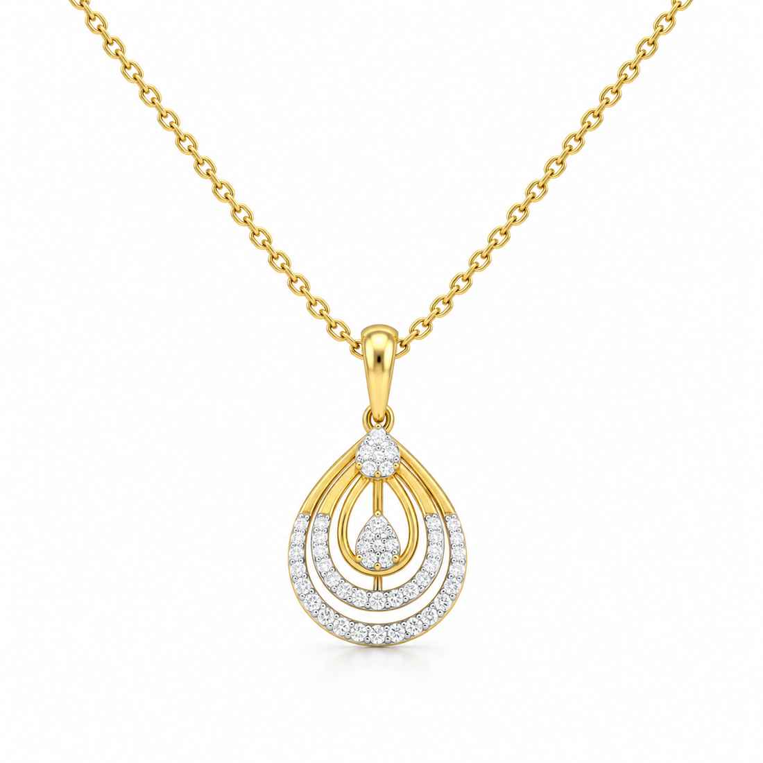 Layered Teardrop Pavé Cluster Yellow Gold Pendant Necklace