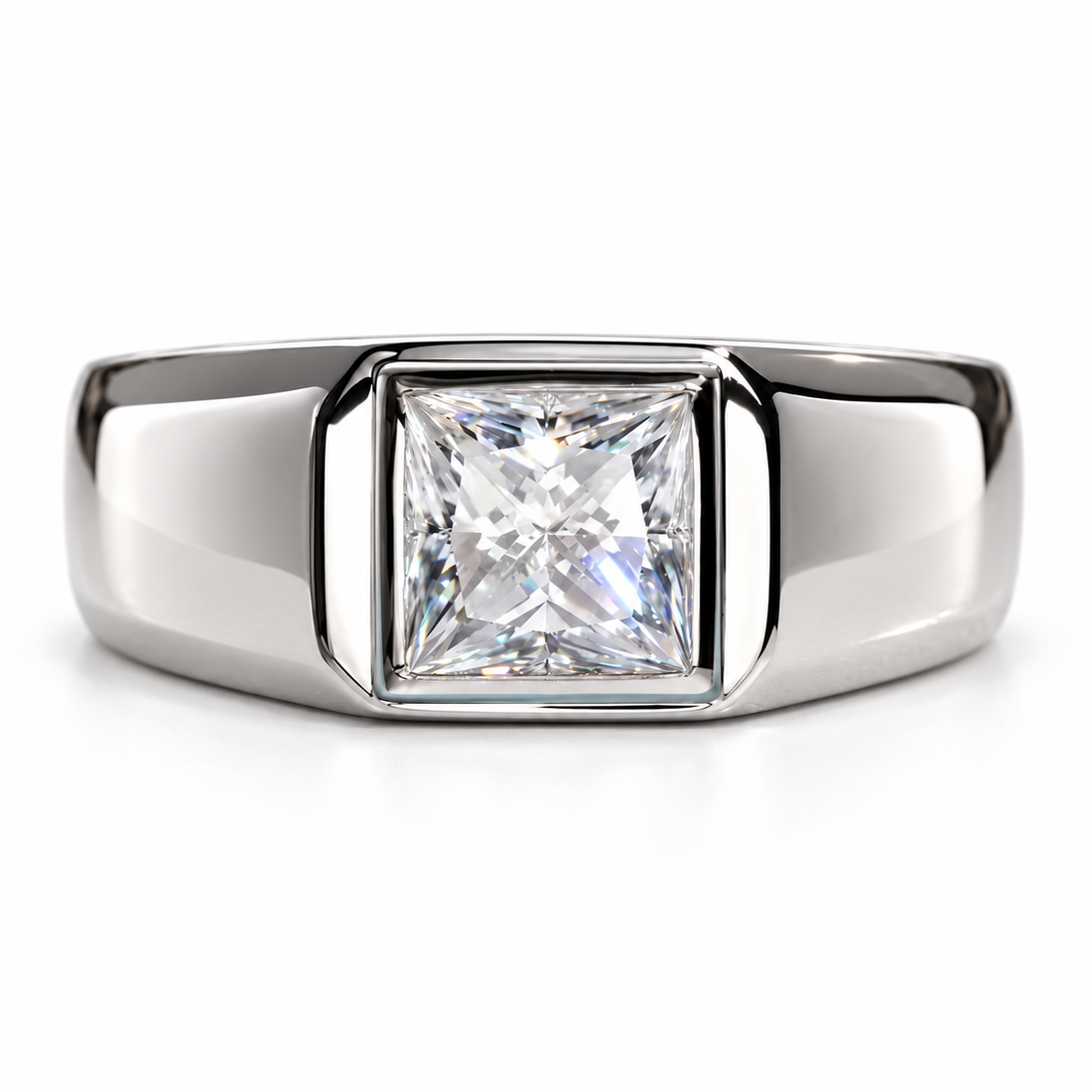 Princess Cut Solitaire White Metal Bezel-Style Signet Ring