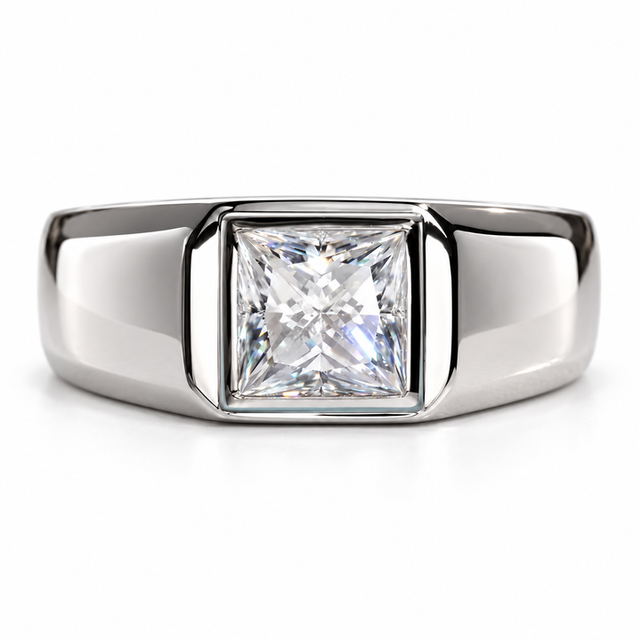 Princess Cut Solitaire White Metal Bezel-Style Signet Ring
