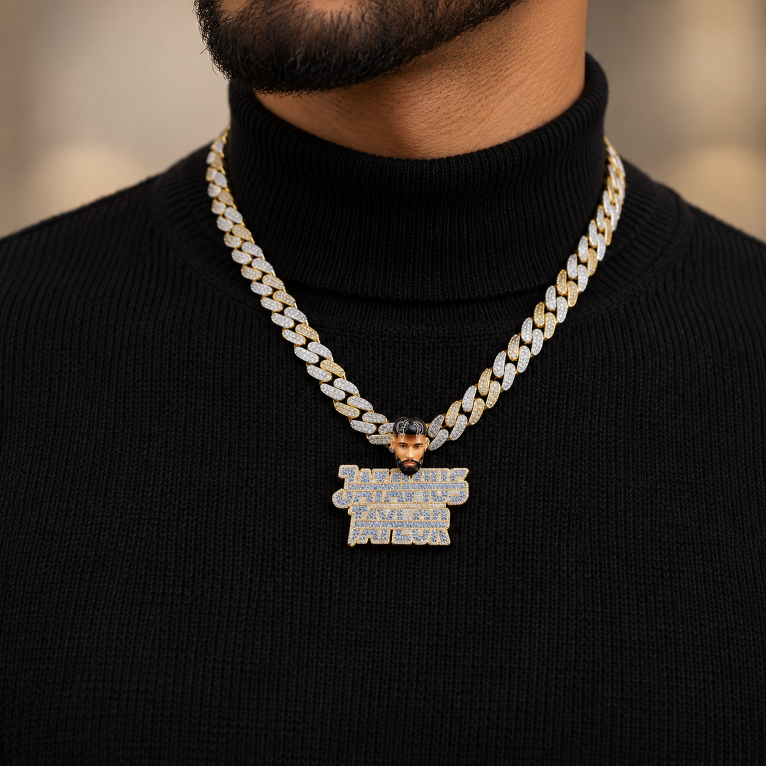 Custom Portrait and Stacked Name Pendant with Blue Baguette-Style Stones and Gold-Tone Detailing