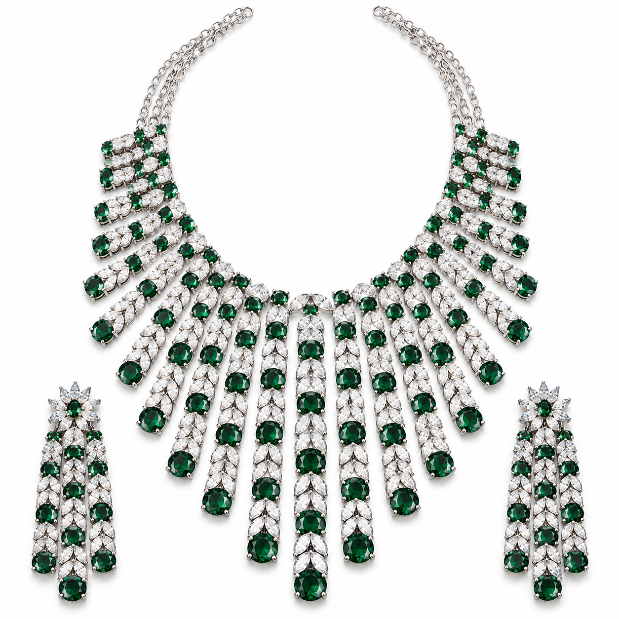 Green Stone and Marquise Leaf Fringe Bridal Necklace and Earrings Set
