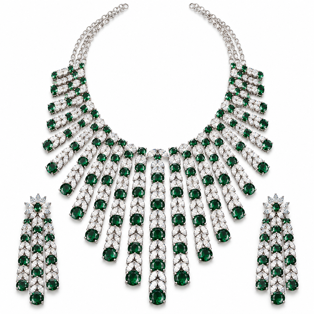 Green Stone and Marquise Leaf Fringe Bridal Necklace and Earrings Set