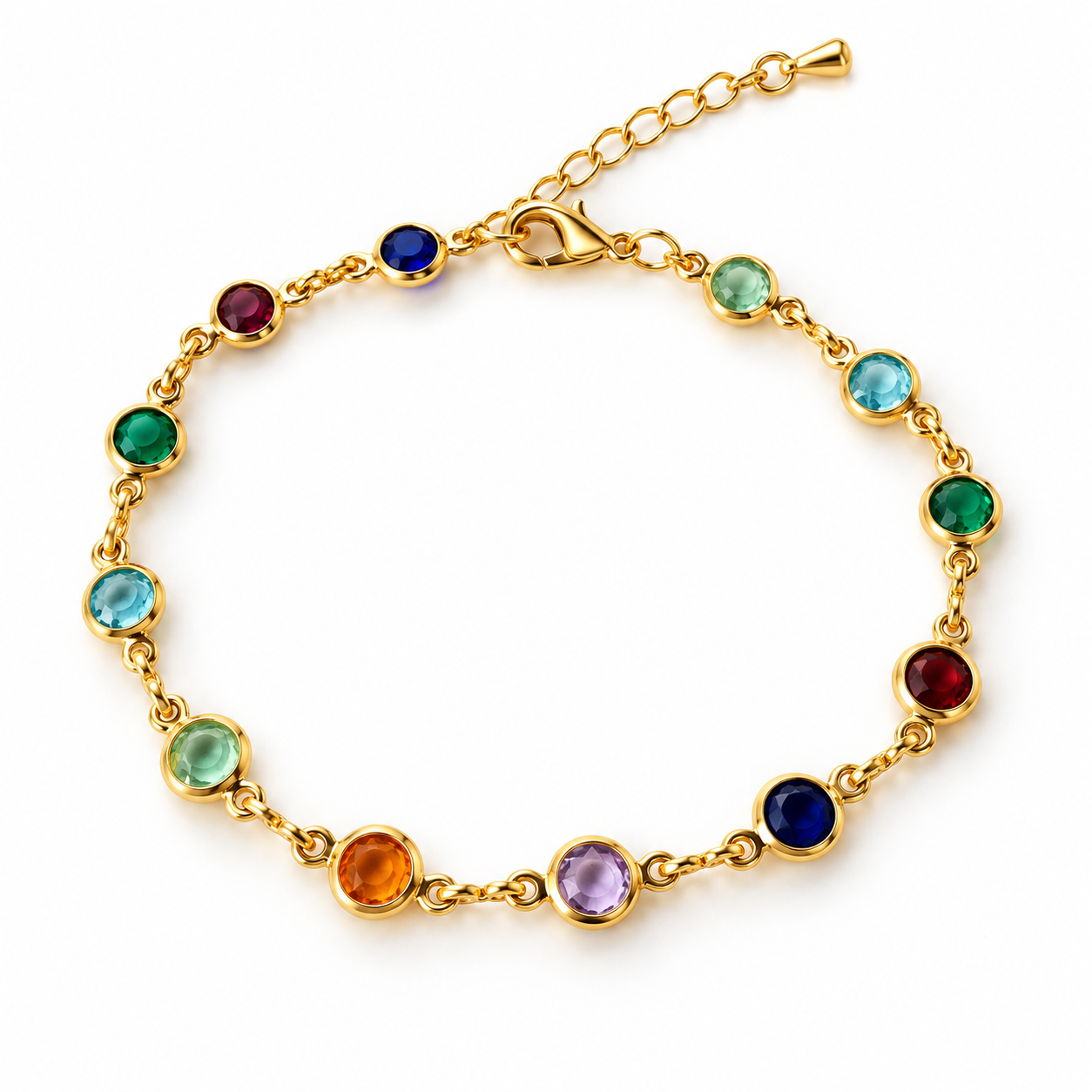 Multicolor Round Bezel-Set Station Bracelet in Yellow Gold Tone