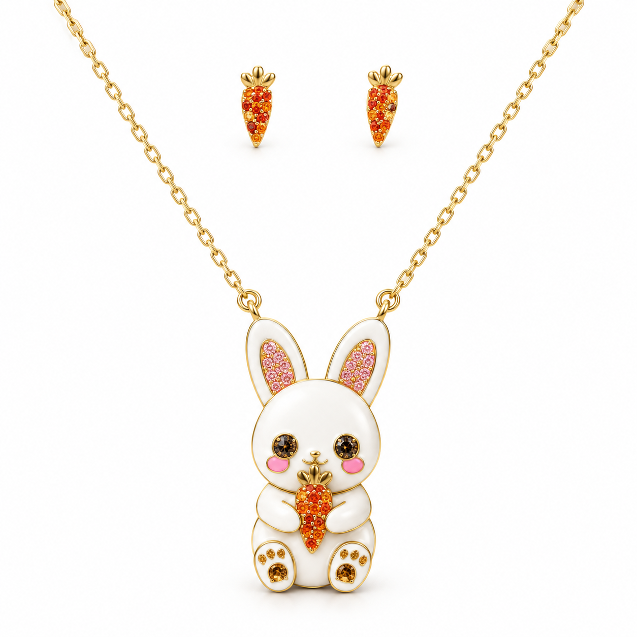 White Bunny and Carrot Jewellery Set with Gold-Tone Detailing and Colorful Stone Accents