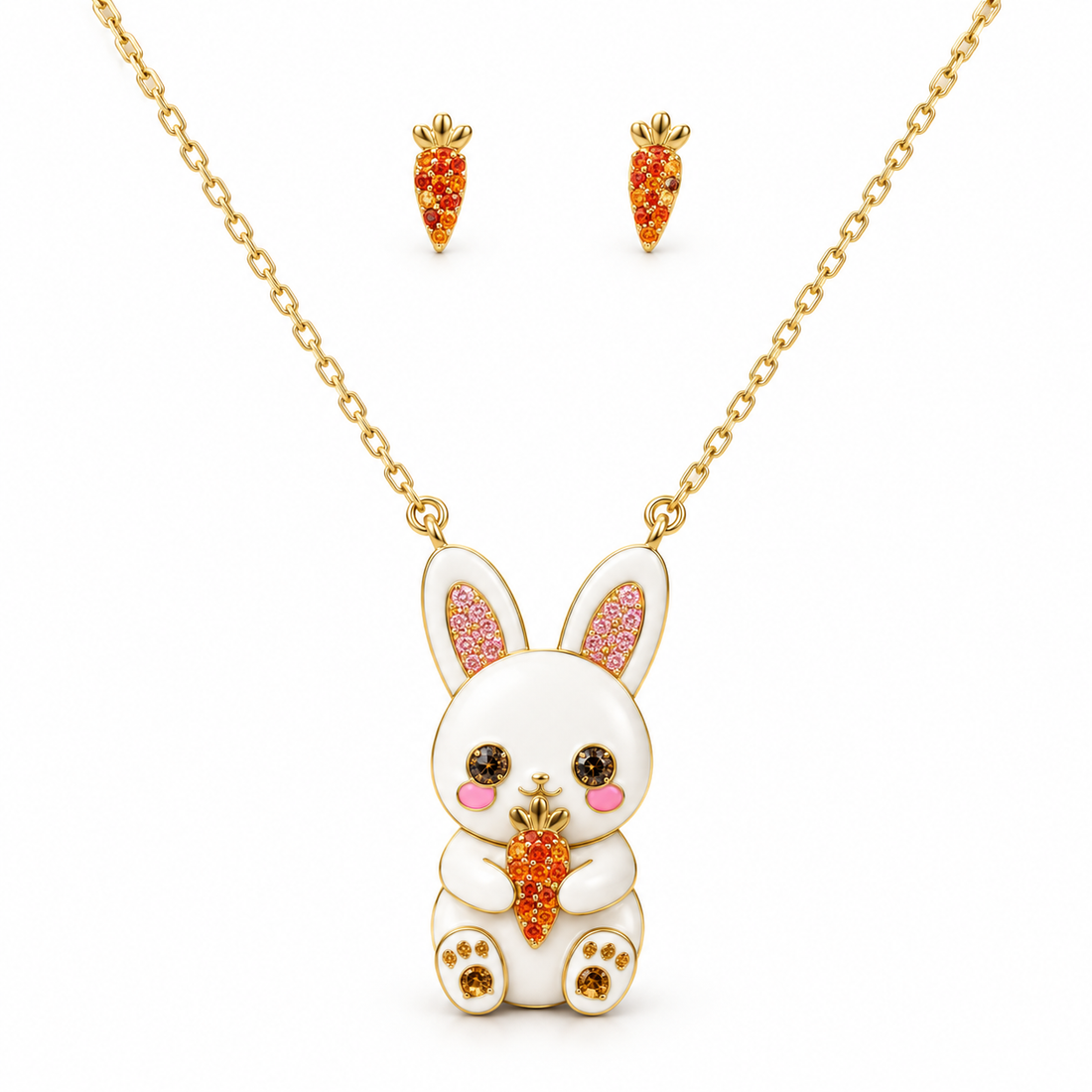 White Bunny and Carrot Jewellery Set with Gold-Tone Detailing and Colorful Stone Accents