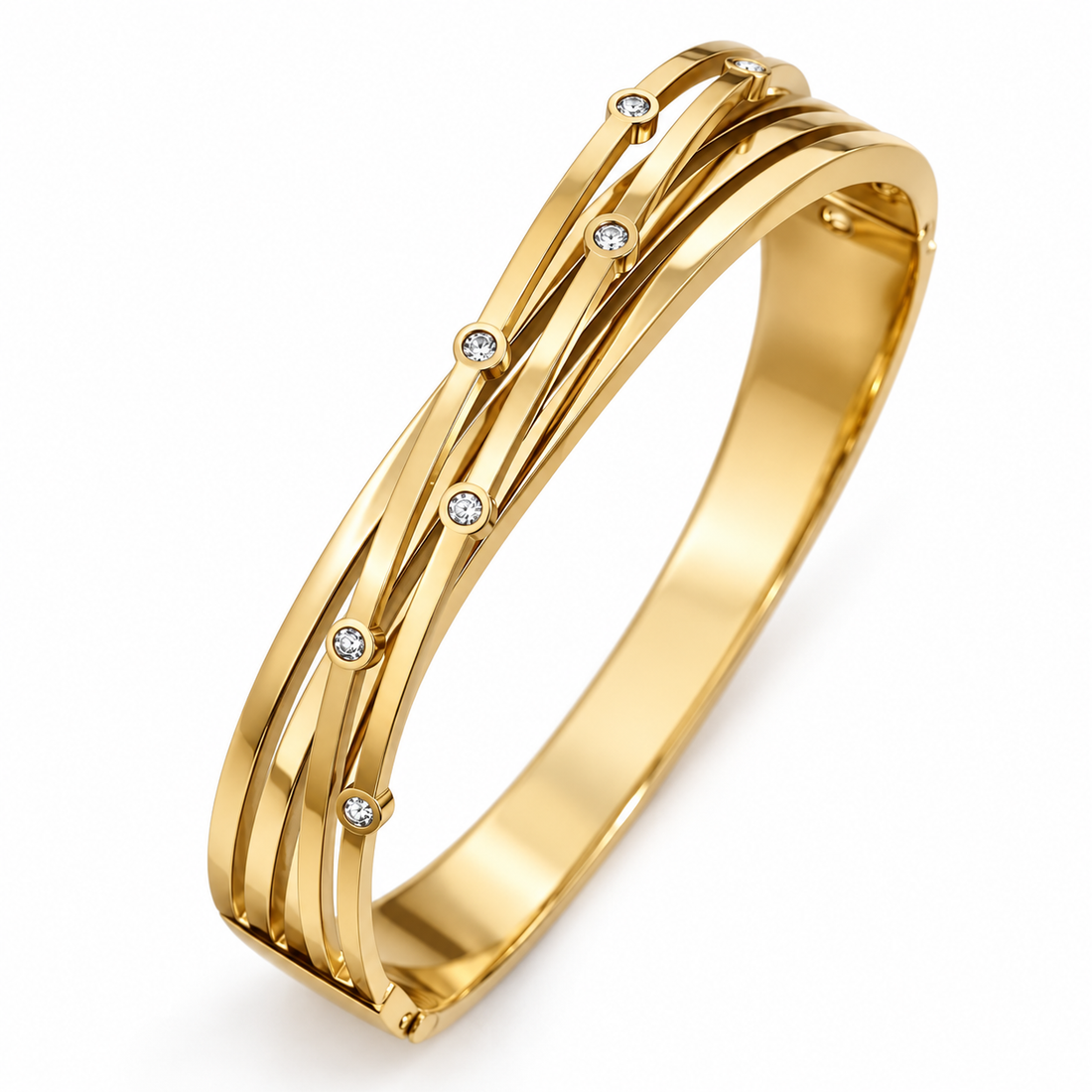 Clear Round Stone Crossover Multi-Row Yellow Gold-Tone Bangle Bracelet
