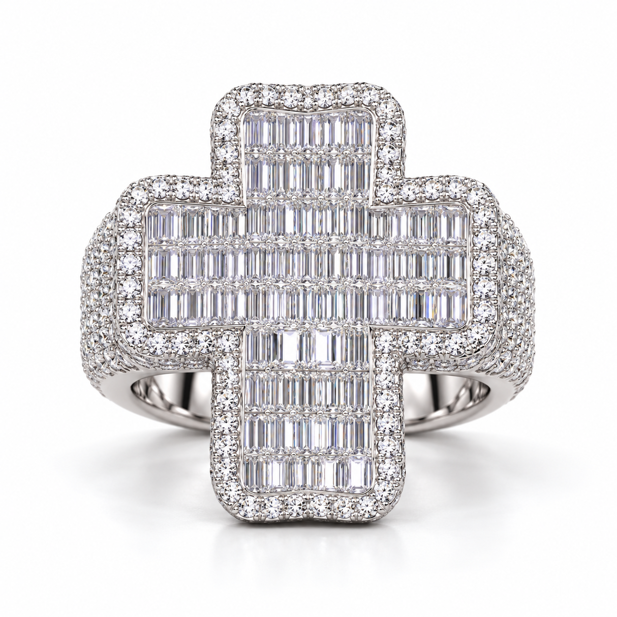 Baguette Cross Iced Out White Gold-Tone Hip Hop Ring – Custom Statement Jewelry