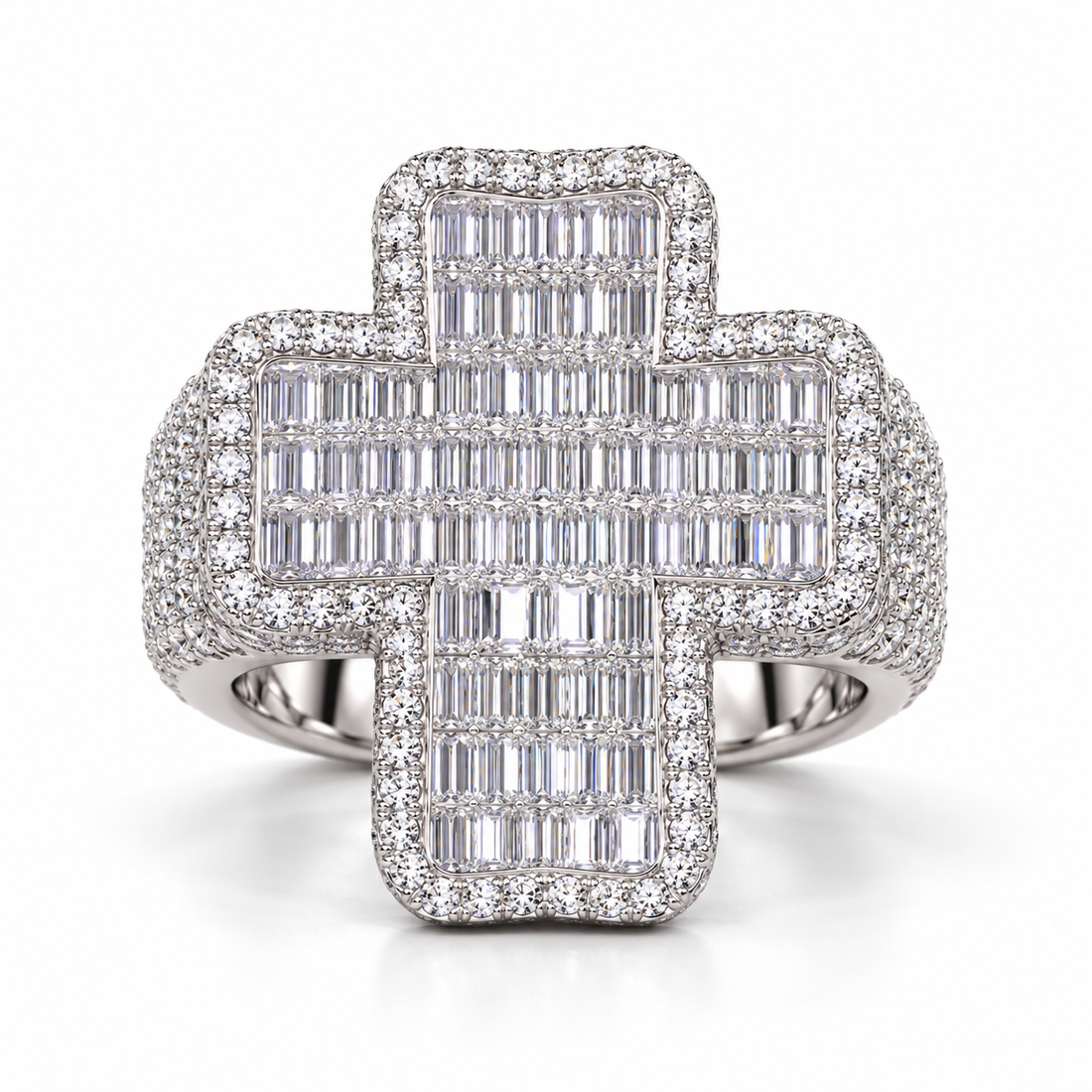 Baguette Cross Iced Out White Gold-Tone Hip Hop Ring – Custom Statement Jewelry