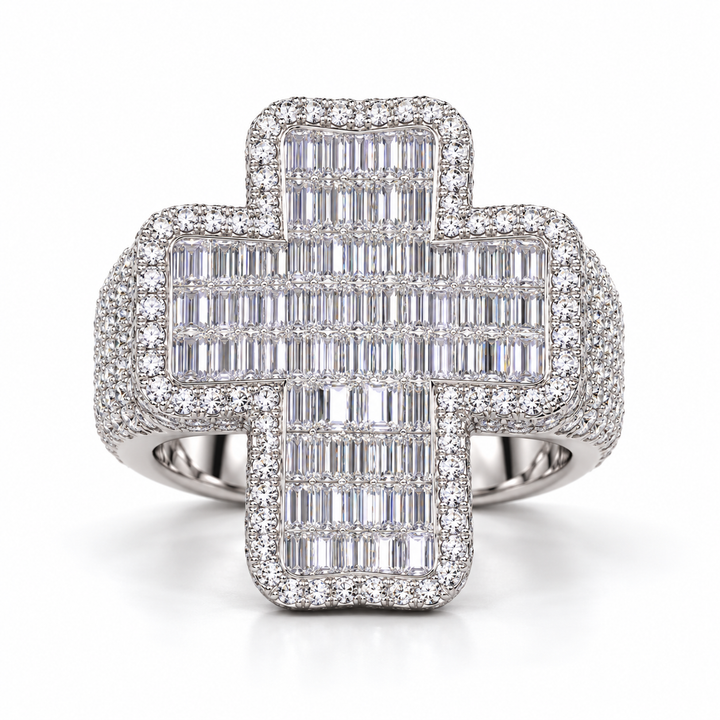 Baguette Cross Iced Out White Gold-Tone Hip Hop Ring – Custom Statement Jewelry