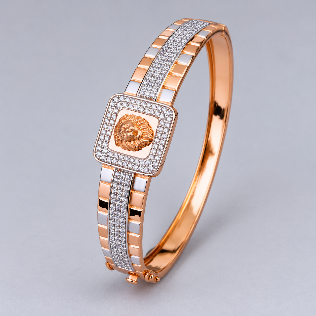 Two-Tone Rose Gold Lion Head Square Halo Pavé Bangle
