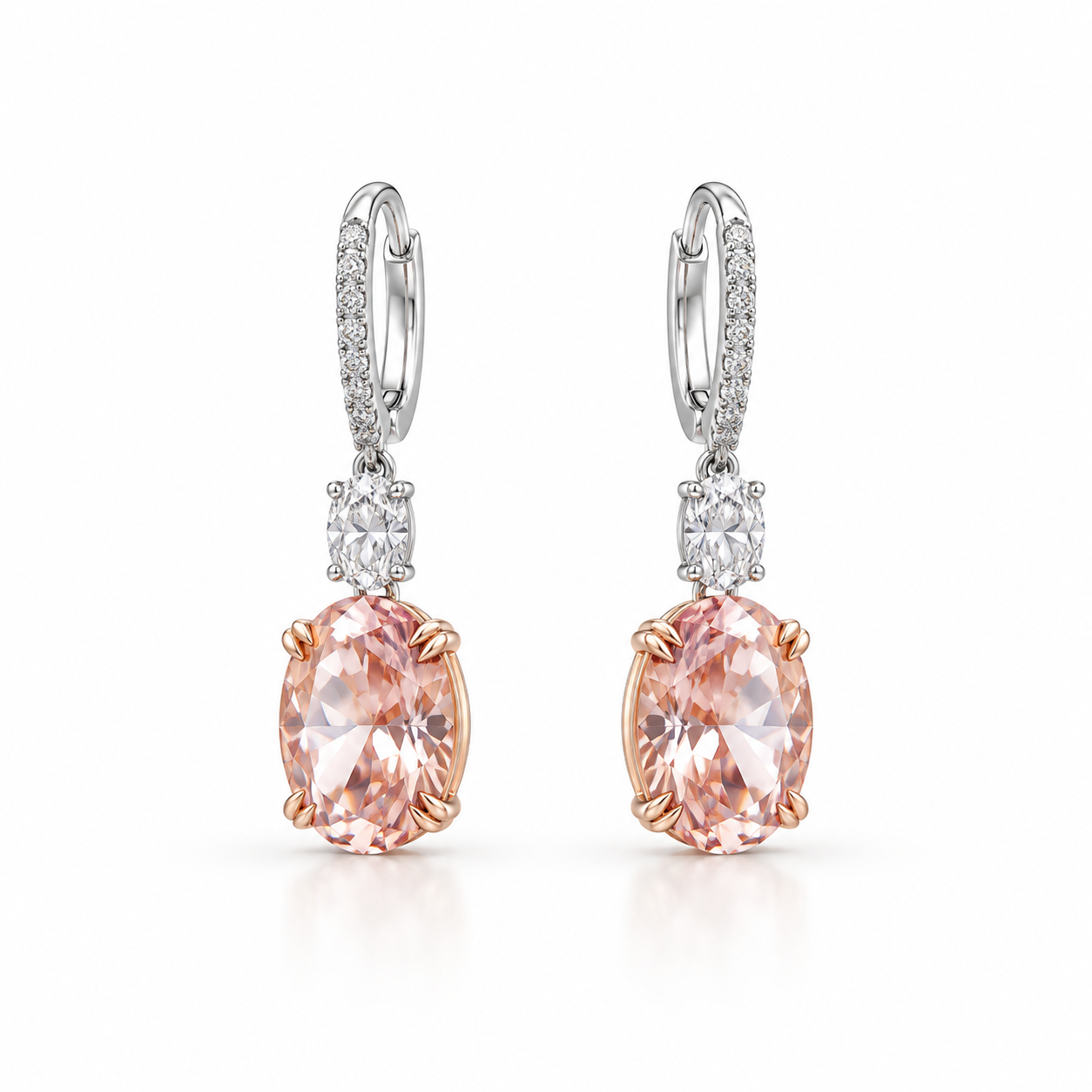 Peach Oval Stone Drop Earrings in Two Tone Gold Finish