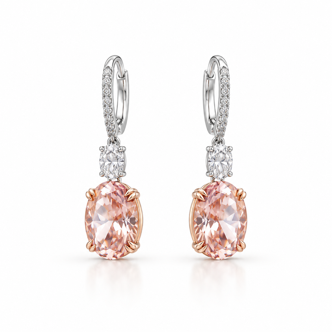 Peach Oval Stone Drop Earrings in Two Tone Gold Finish