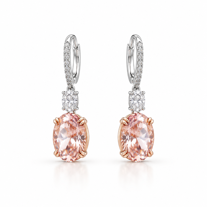 Peach Oval Stone Drop Earrings in Two Tone Gold Finish