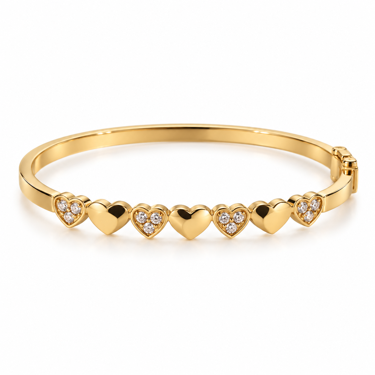 Alternating Heart Clear Stone Yellow Gold-Tone Bangle Bracelet