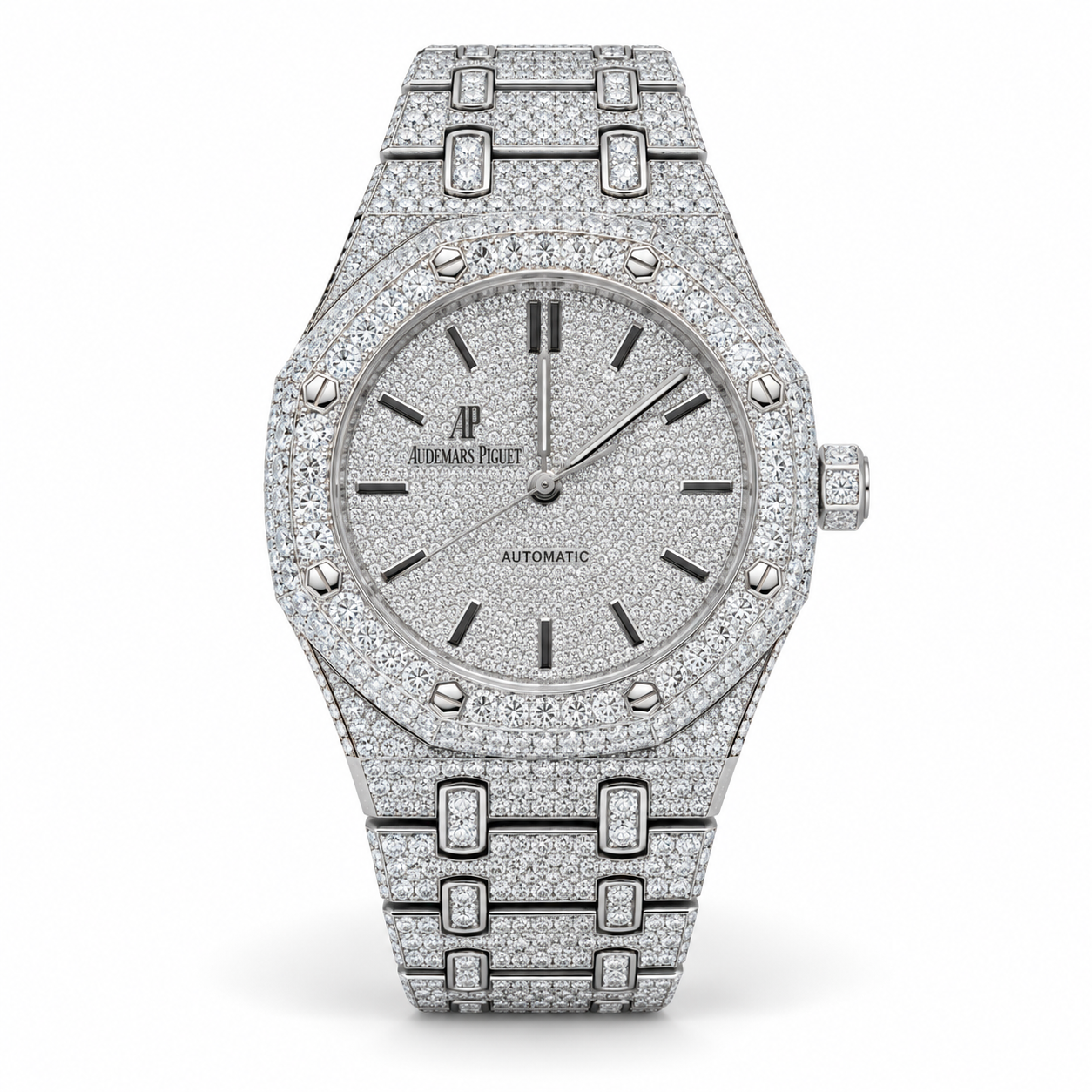 Iced Out Octagonal Date Dial Silver-Tone Watch – Custom Diamond Statement Watch