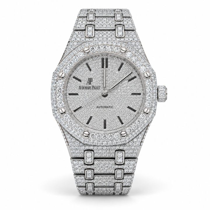 Iced Out Octagonal Date Dial Silver-Tone Watch – Custom Diamond Statement Watch