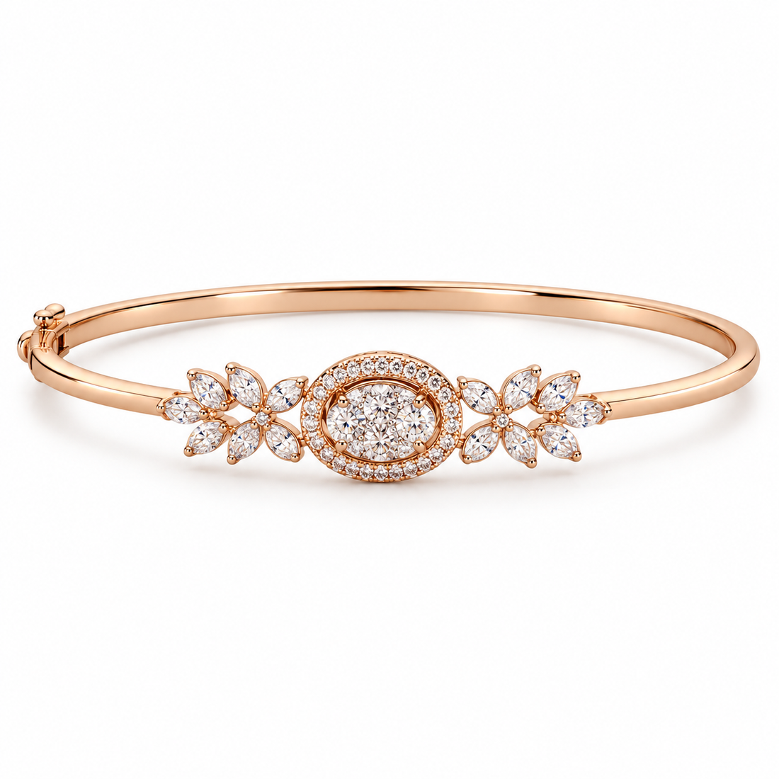 Rose Gold-Tone Oval Halo Cluster Bangle with Marquise Leaves