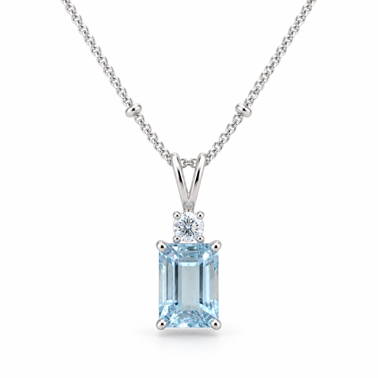 Emerald Cut Light Blue Stone White Gold Pendant Necklace
