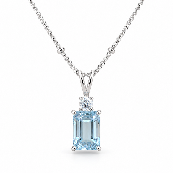 Emerald Cut Light Blue Stone White Gold Pendant Necklace