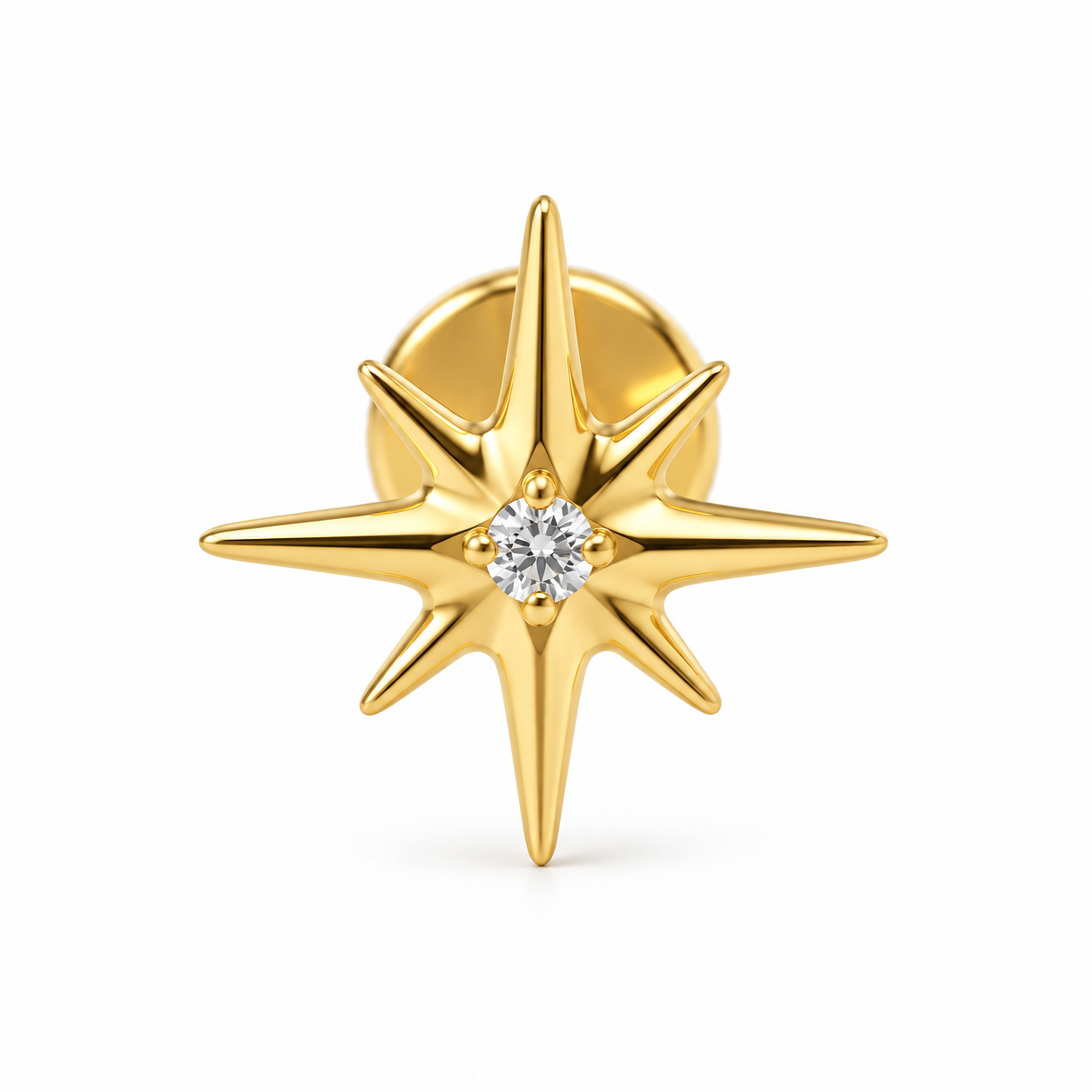 Men’s Eight-Point Star Yellow Gold-Tone Stud Earring with Round Center Stone
