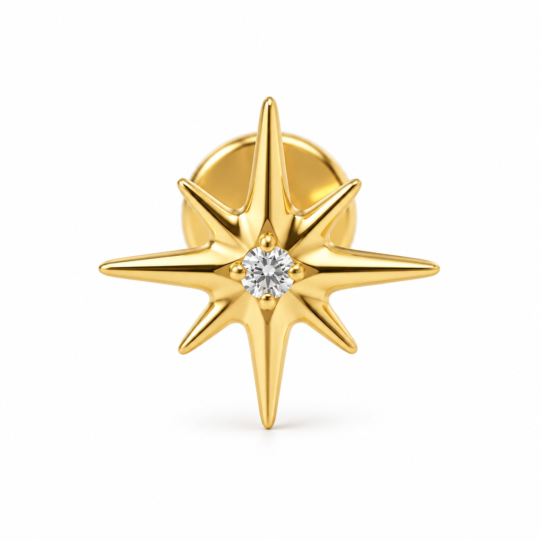 Men’s Eight-Point Star Yellow Gold-Tone Stud Earring with Round Center Stone