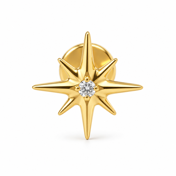 Men’s Eight-Point Star Yellow Gold-Tone Stud Earring with Round Center Stone