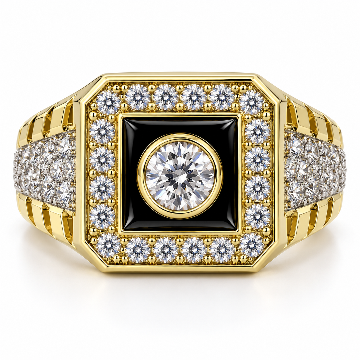 Black Square Round Stone Halo Iced Out Hip Hop Signet Ring