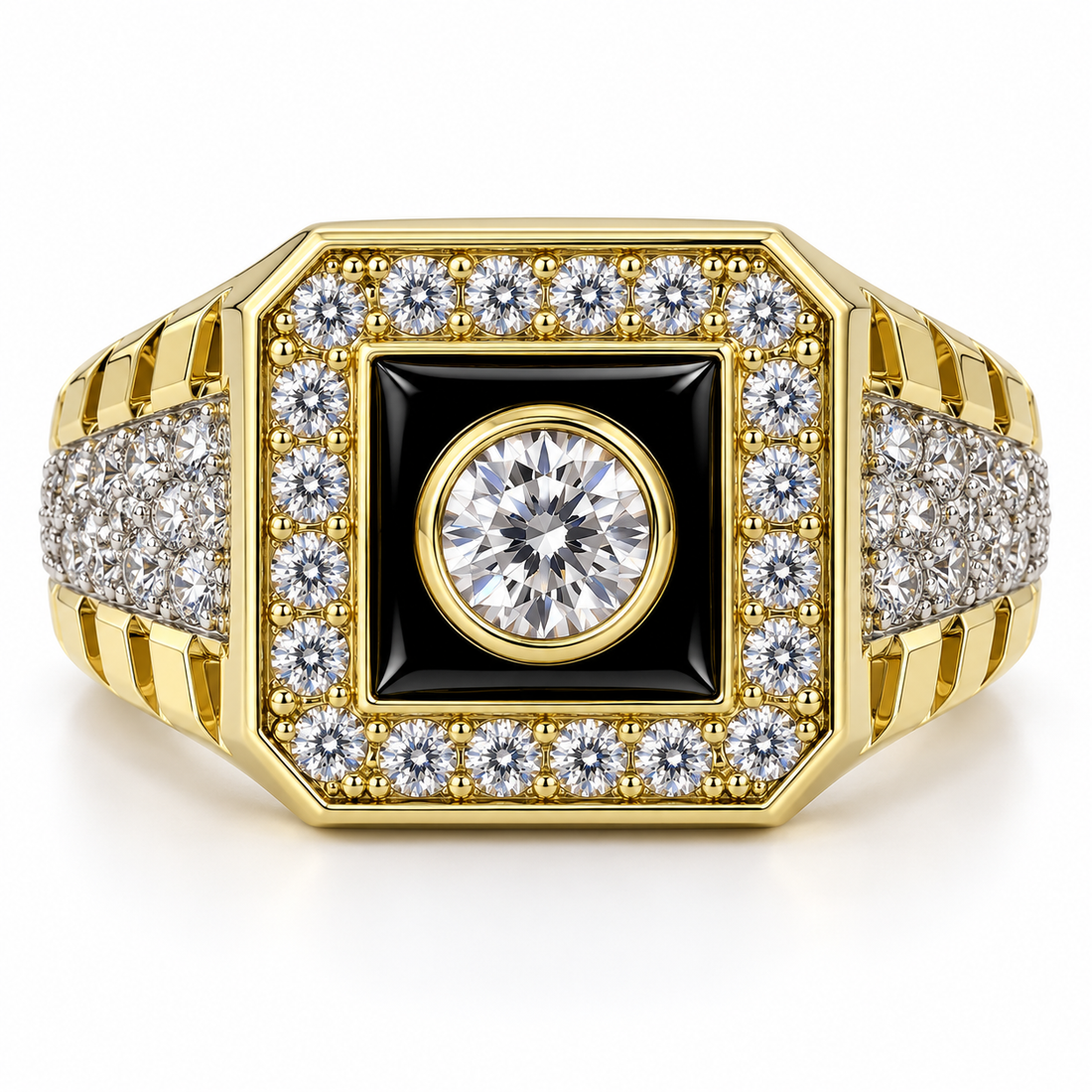 Black Square Round Stone Halo Iced Out Hip Hop Signet Ring