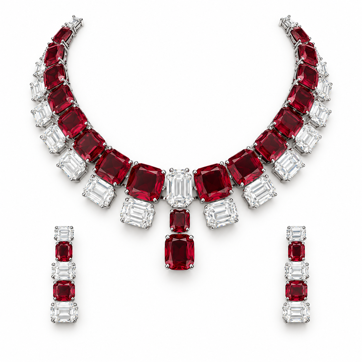 Deep Red and Clear Geometric Bridal Necklace and Drop Earrings Set