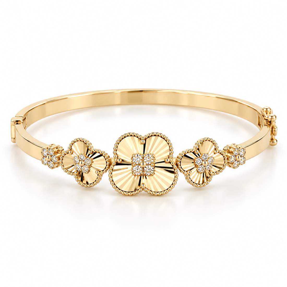 Clear Stone Fluted Clover Flower Yellow Gold-Tone Bangle Bracelet