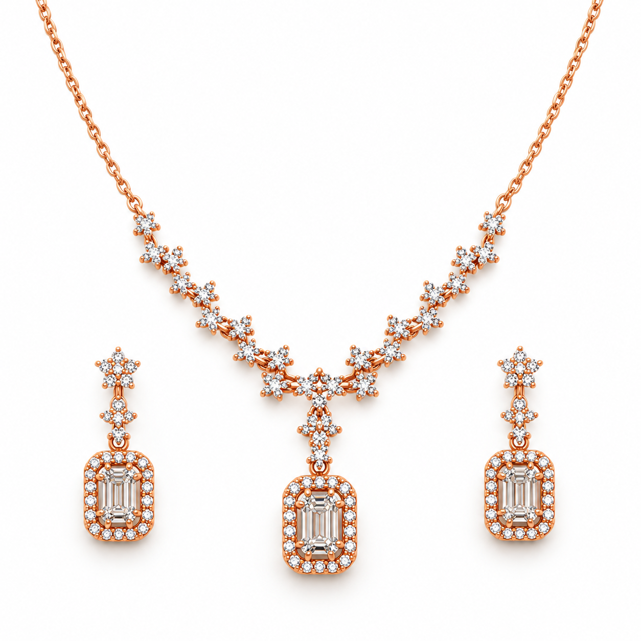 Rose Gold-Tone Floral Emerald-Cut Halo Necklace and Earrings Set