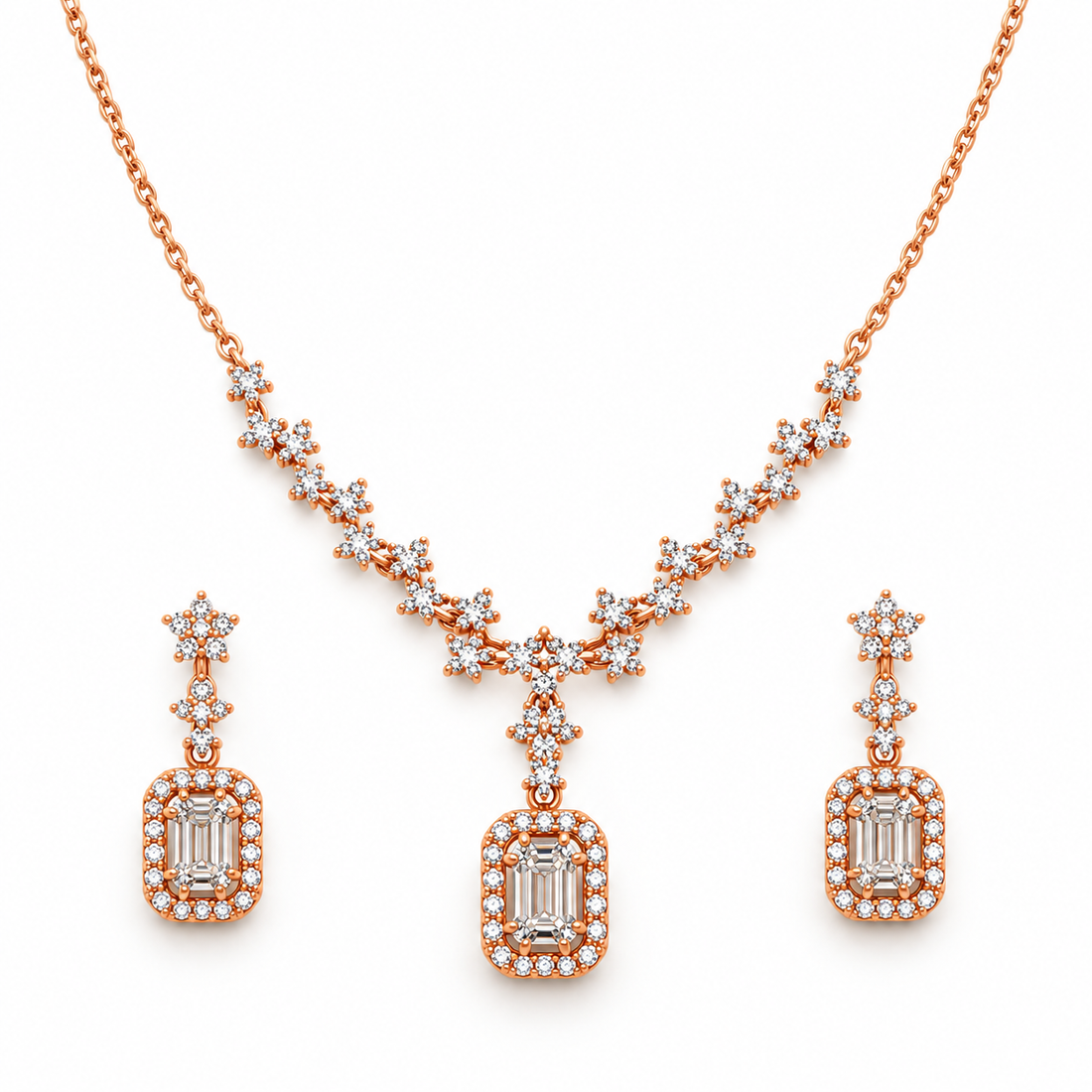 Rose Gold-Tone Floral Emerald-Cut Halo Necklace and Earrings Set