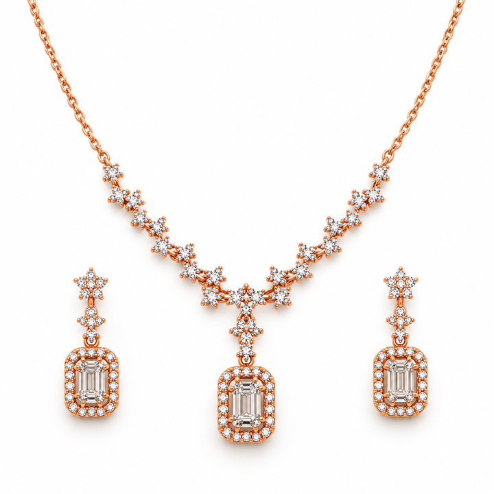 Rose Gold-Tone Floral Emerald-Cut Halo Necklace and Earrings Set