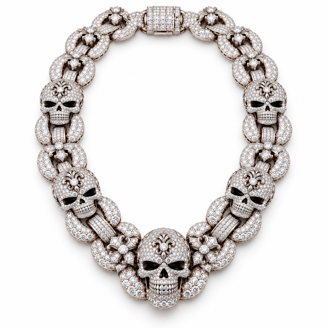 Iced Out Skull & Fleur-de-Lis Link Necklace | Custom Hip Hop Jewelry