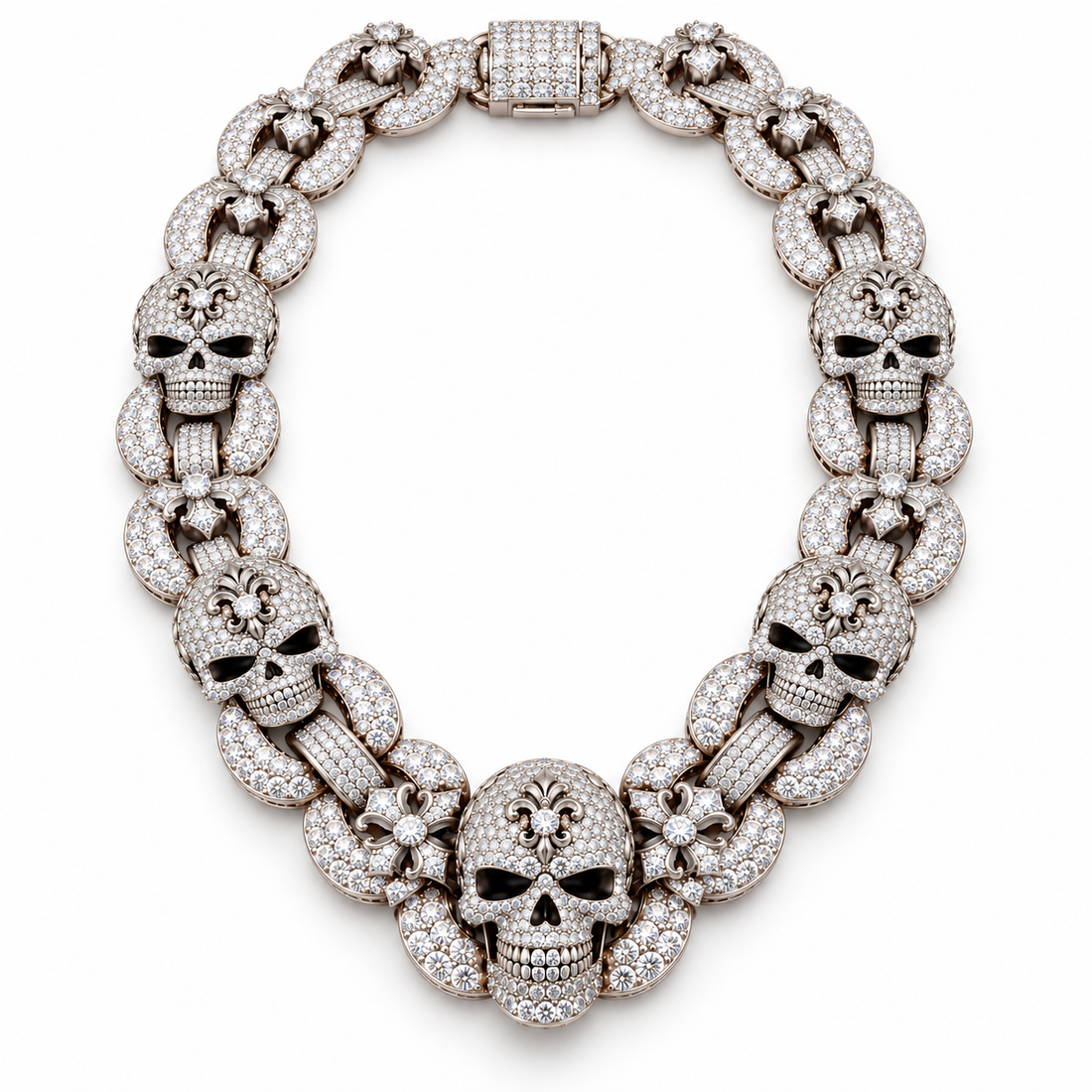 Iced Out Skull & Fleur-de-Lis Link Necklace | Custom Hip Hop Jewelry