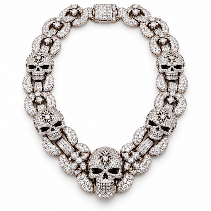 Iced Out Skull & Fleur-de-Lis Link Necklace | Custom Hip Hop Jewelry