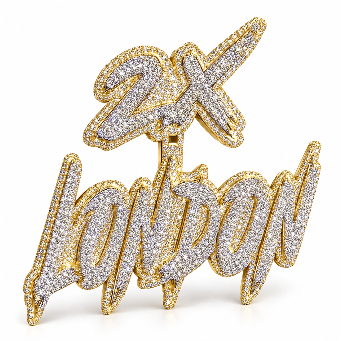 Custom 2X London Graffiti Name Iced Out Two Tone Pendant – Personalized Hip Hop Jewelry