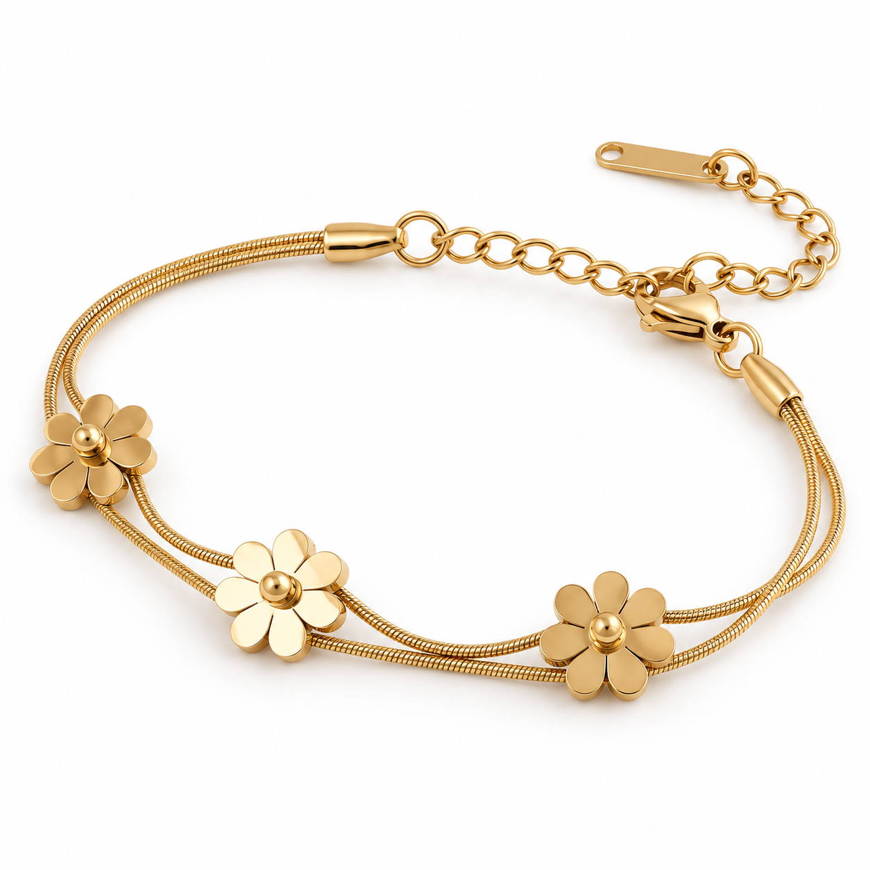 Polished Daisy Flower Double Snake Chain Yellow Gold-Tone Bracelet