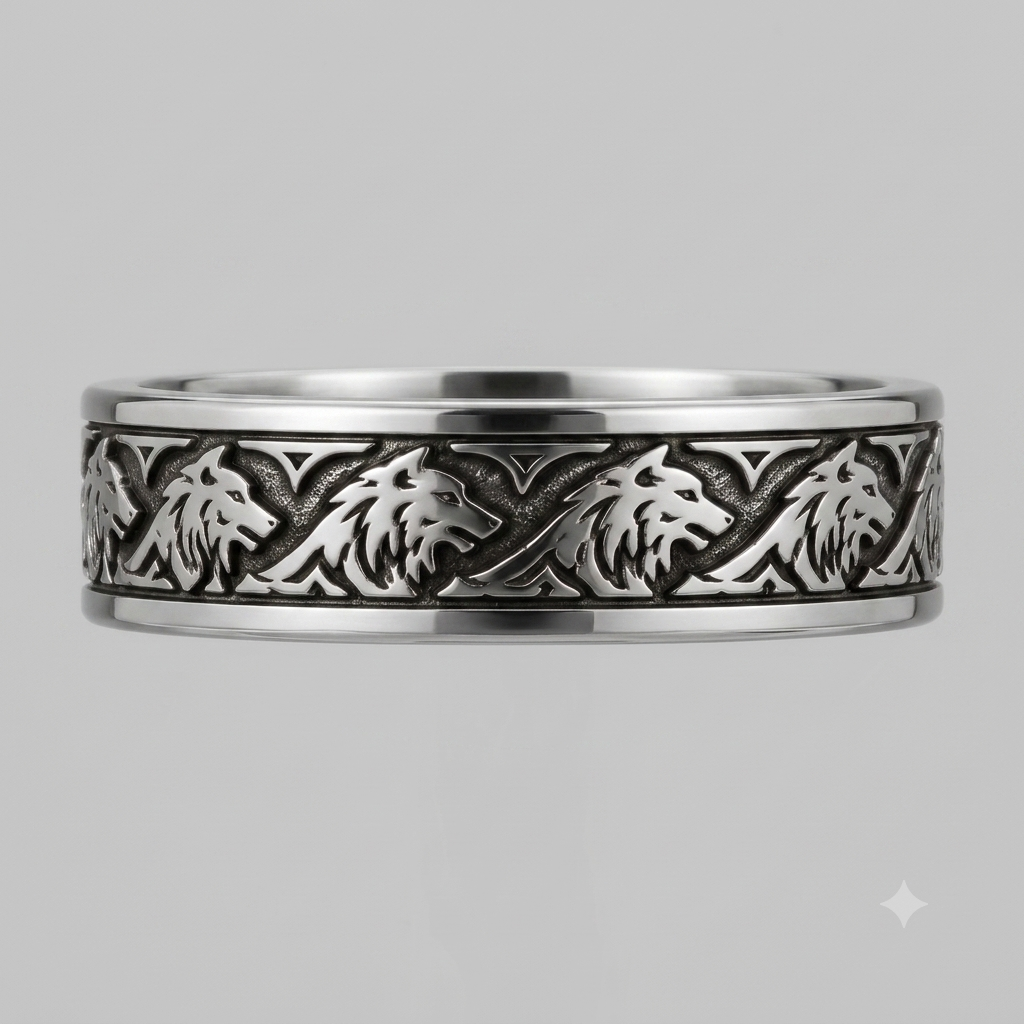 Howling Wolf Animal Motif Silver Tone Celtic Statement Ring