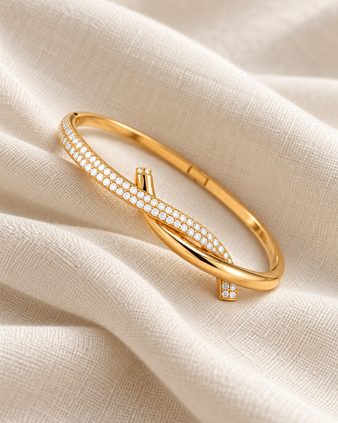Yellow Gold Tone Pavé Crossover Bangle Bracelet