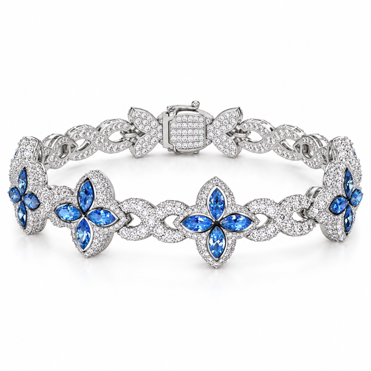 Iced Out Blue Four Petal Flower Bracelet | Custom Hip Hop Jewelry