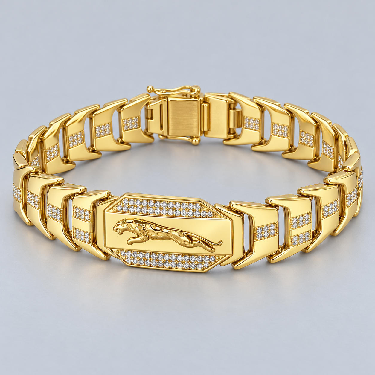 Gold-Tone Leaping Panther Motif and Clear Stone Panel Link Bracelet