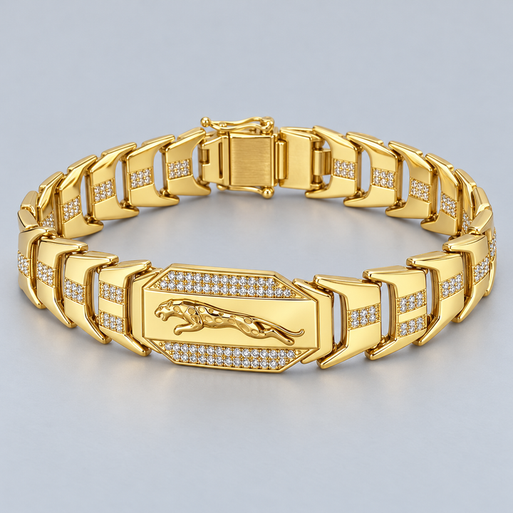 Gold-Tone Leaping Panther Motif and Clear Stone Panel Link Bracelet
